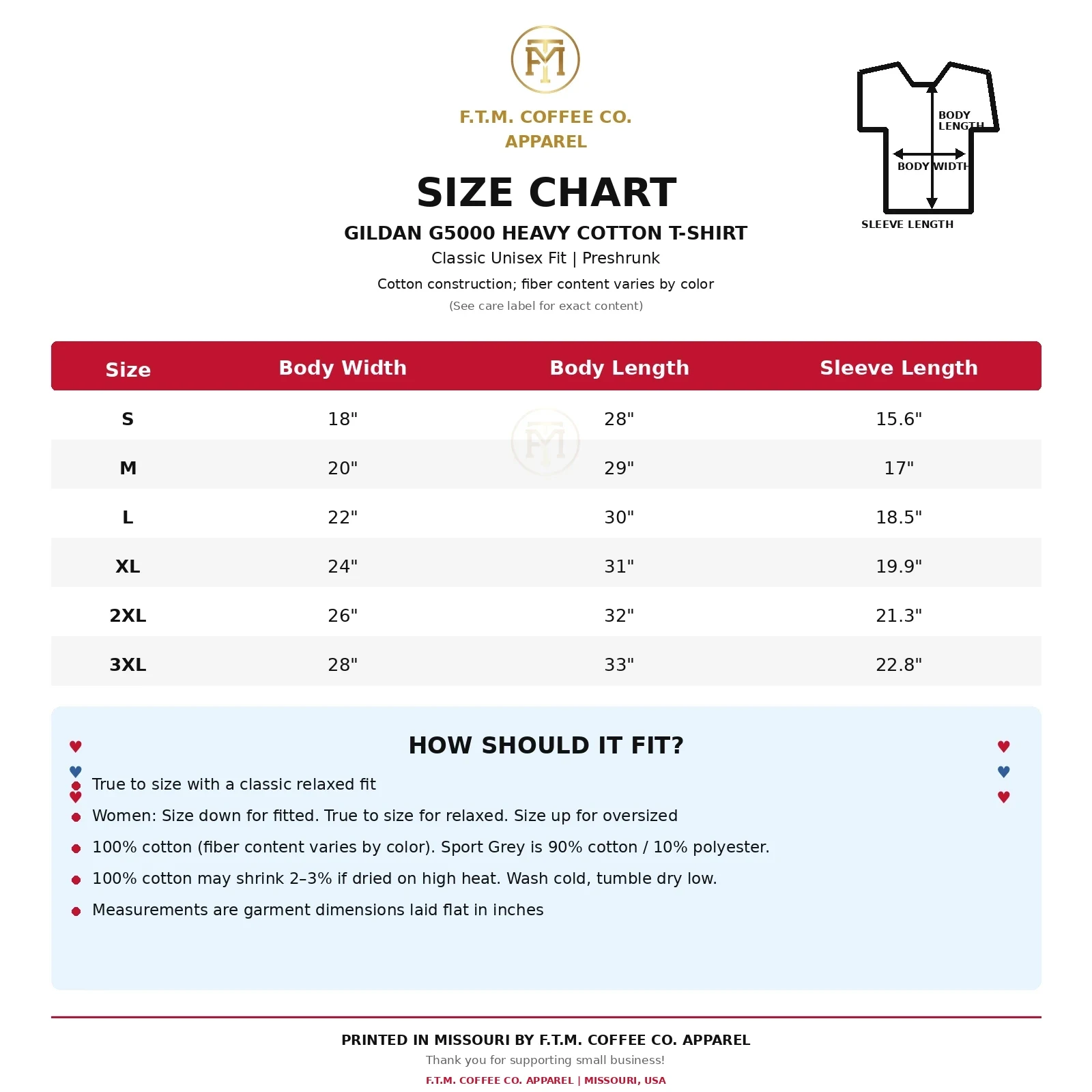 F.T.M. Coffee Co. adult Gildan G5000 size chart